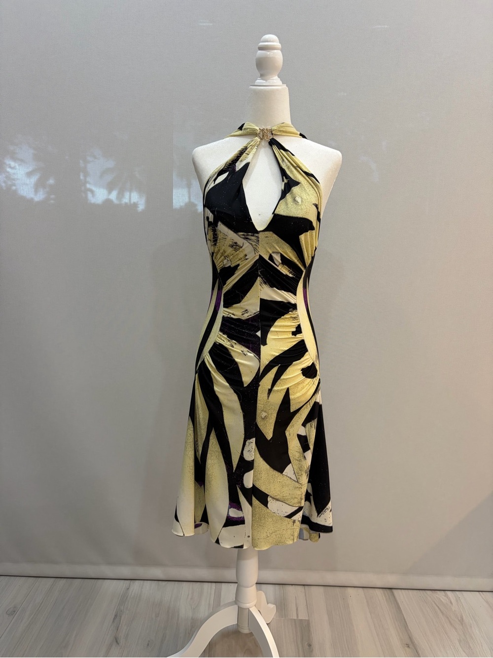 Roberto Cavalli Black and Yellow Halter Midi Dress